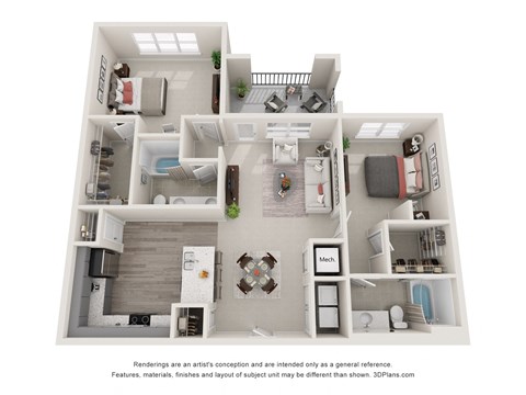 Floor plan for 2 beds, 2 baths, 1297 sqft